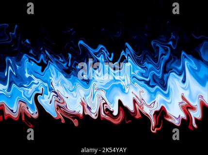 Abstract blue and red fluid liquid marble wavy flame texture on a black background or wallpaper. Stock Photo