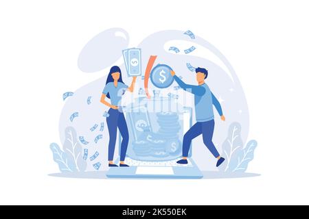 sponsors giving donations to startup project. Person raising money online, financial growth flat vector illustration. Crowdfunding, internet, cooperat Stock Vector