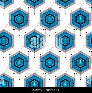 Quantum computer qubits, seamless pattern - any amount of qubits you want. Inside hexagonal wiring each quantum bit is schematically represented at 0 Stock Vector
