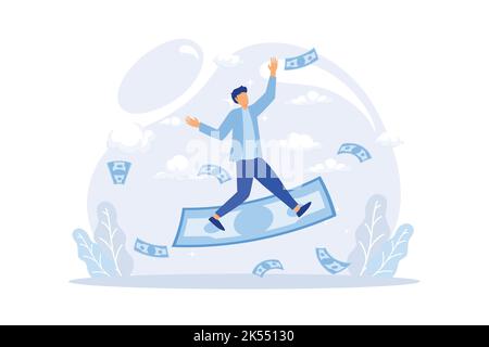 Businessman flying with paper money and clouds on blue background. Vector illustration. Business concept. Stock Vector
