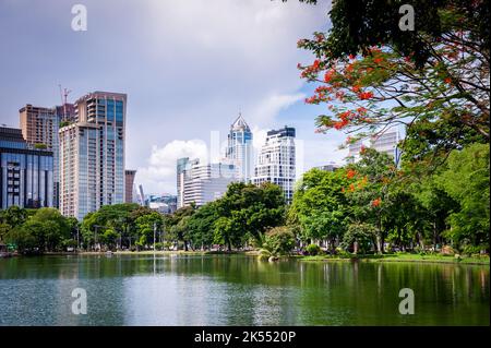 Views of the road, paths and the large lake in Lumphini Park, Bangkok, Thailand. Stock Photo