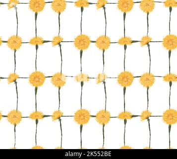 Vector pattern with sketched yellow dandelions in grid on a white background. Botanical floral checkered texture for fabrics. Wallpaper with scribble Stock Vector