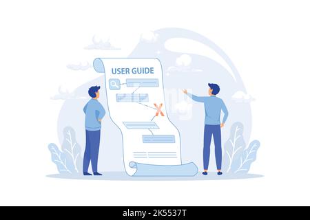 Male and female characters are studying computer manual book together. Concept of electronic goods technical guide, manual for computer hardware and u Stock Vector