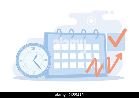 Time management, landing page template. Big paper schedule. Monthly planner, alarm clock and briefcase near. Efficiency in business, work productivity Stock Vector