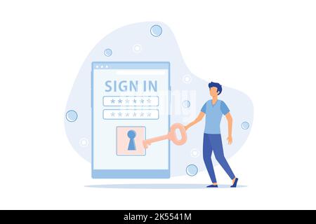 Online registration and sign up concept. Young man signing up or login to online account on smartphone app. User interface. Secure login and password. Stock Vector