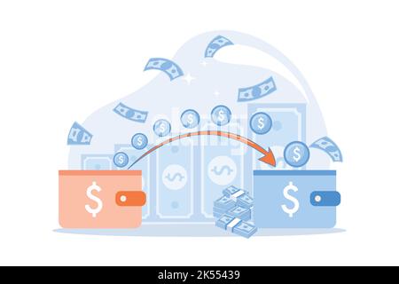 Money transfer from and to wallet Capital flow, earning or making money. Financial savings or economy concept. flat vector modern design illustration Stock Vector