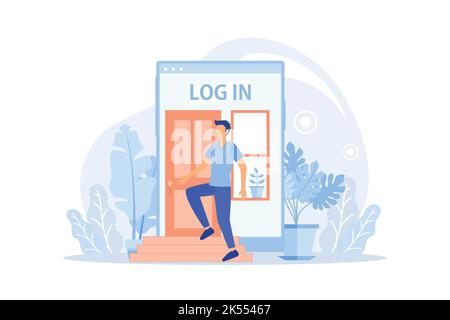 Enter login and password. Registration page on screen. Sign in to your account creative metaphor. Login page. Mobile app with user page. Identificatio Stock Vector