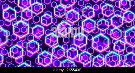 Purple and blue floating neon hexagons seamless pattern Stock Vector
