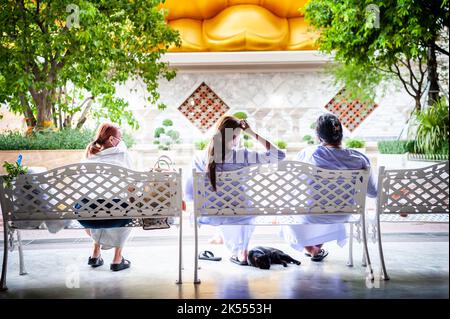 The giant golden Buddha looms large above three Thai ladies sat peacefully at a bench at Wat Paknam. A black cat sleeps at their feet. Stock Photo