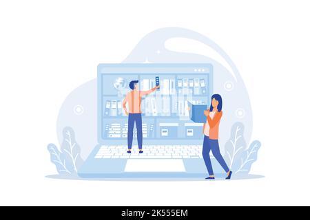 People in virtual e-library website landing page template layout flat vector illustration. Digital bookshelves, online reading, book store, literature Stock Vector