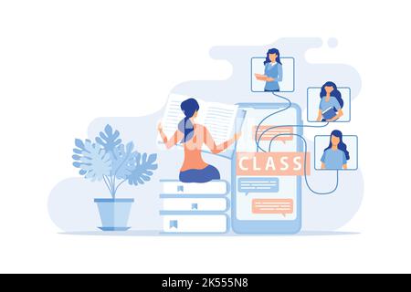 E-learning Online education, home schooling, online classes, training and courses. Web tutorials concept. Education vlog. Distance web learning with e Stock Vector