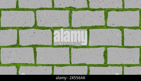 Seamless pattern of old pavement with moss and interlocking textured bricks Stock Vector