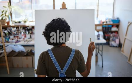 Painting artist, blank canvas and creative woman thinking of inspiration in studio workshop or art class. Creativity, drawing or sketch painter girl Stock Photo