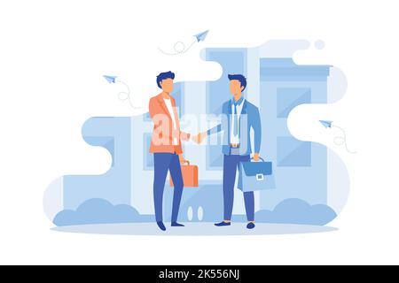 Business partnership relation concept idea with tiny people character. team working partner together template for web landing page, banner, presentati Stock Vector