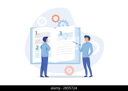 Business rules Business people studying list of rules, reading guidance, for company order, restrictions, law, regulations flat vector modern illustra Stock Vector