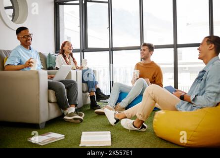 Creative, studying and students meeting for project collaboration, teamwork or research planning in university workspace. Design, creativity and relax Stock Photo