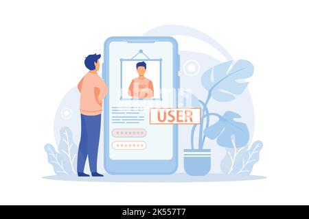 Enter login and password. Registration page on screen. Sign in to your account creative metaphor. Login page. Mobile app with user page. Identificatio Stock Vector