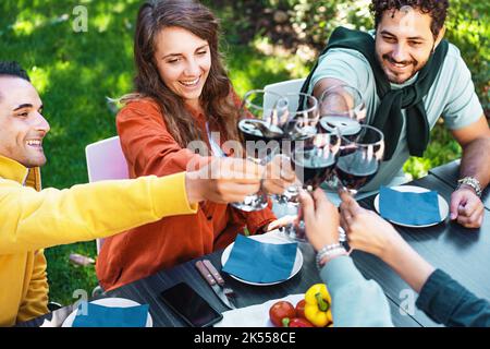 Happy group of millennial friends at picnic toasting with red wine having fun together - group of young people having fun in the garden - people gathe Stock Photo