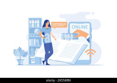 E-learning Online education, home schooling, online classes, training and courses. Web tutorials concept. Education vlog. Distance web learning with e Stock Vector
