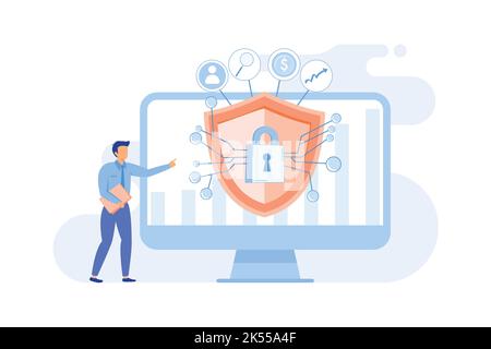 Cyber security risk Cyber security report analysis, risk mitigation management, protection strategy, identify digital threat Flat vector Modern illust Stock Vector