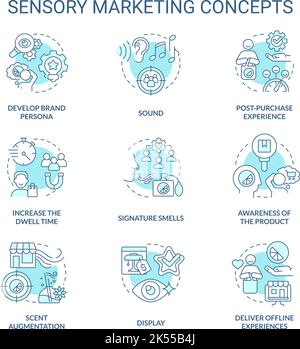 Sensory marketing turquoise concept icons set Stock Vector