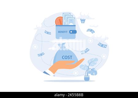 Dividend income and financial profitability. Return on investment chart, budget fund plan, revenue increase, accounting report, money bag income, pens Stock Vector