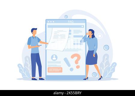 FAQ website support page, guides page. frequently asked questions or questions and answers, client or customer support, product and service informatio Stock Vector