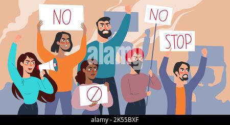 Crowd of diverse people at the protest. Protesting activists with posters and loudspeakers vector flat illustration. Stock Vector