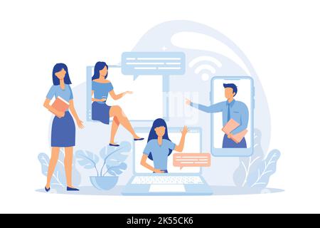 Self-isolation party Celebration online, video call, happy friend, quarantine fun, coronavirus outbreak, zoom videoconference, virtual chat Flat vecto Stock Vector