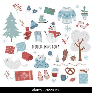 Hello winter. Big collection of seasonal cozy items, food, cute cats, trees, clothes and decor. Vector illustration. isolated colored elements in flat Stock Vector