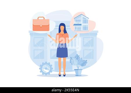 Balancing work and family Work and life balance, happy family, mom doing business, dad at home, kids at office, time management, freelance Flat vector Stock Vector