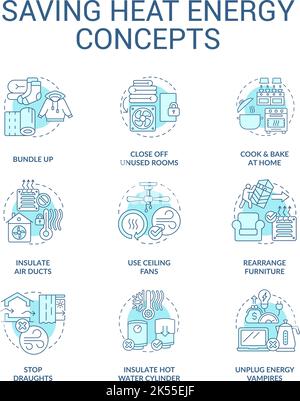 Reduce heat energy using turquoise concept icons set Stock Vector