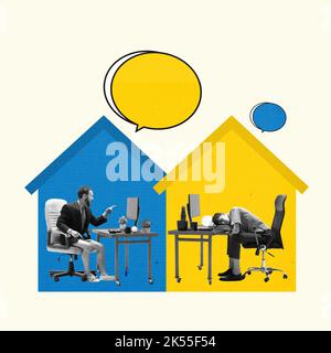 Contemporary art collage. Young woman working on laptop at home. Time flies fast. Creative design. Concept of freelance, working space, self-isolation Stock Photo