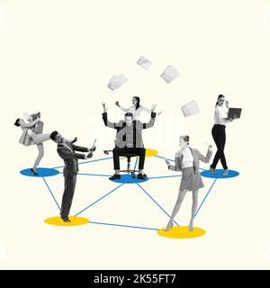 Business process. Contemporary art collage made of shots of young men and women, managers working hardly isolated over white background, Concept of Stock Photo