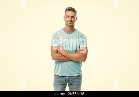 cheerful handsome mature guy with graying hair isolated on white background, mens beauty Stock Photo