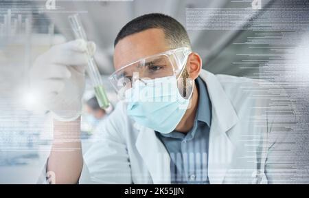 Covid, science and research with a man engineer holding a vial while working on innovation and development in a lab with overlay. Analytics, data and Stock Photo