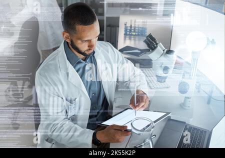 Science research, digital tablet and scientist working on medical analysis report in laboratory. Professional man chemist doing medicine or Stock Photo