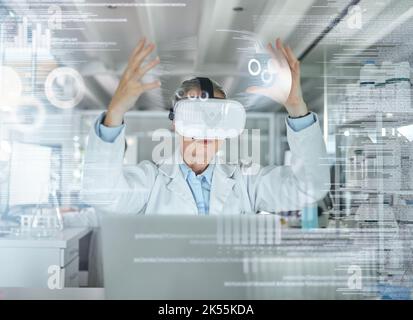 VR, science and ux with a woman engineer working on research and innovation in a 3d lab with overlay. Digital, metaverse and virtual reality with a Stock Photo