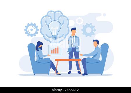 Teamwork, brainstorming tools, idea management, creative team, working process, finding solution, startup collaboration flat design modern illustratio Stock Vector