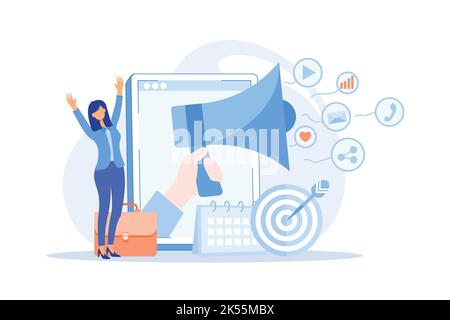 Marketing campaign Business strategy, digital product advertising, target audience in social media, brand communication, company website flat design m Stock Vector