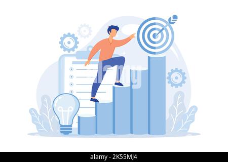 Business mission Mission statement, business goals and philosophy, company vision, core values, customer engagement, loyalty and satisfaction flat des Stock Vector