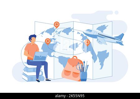 International edu tourism, education abroad, entertaining studying, exchange student, vacation, group in airport flat design modern illustration Stock Vector