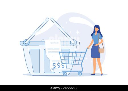 Buy Website menu bar, e-commerce business, online shopping, product in stock, retail store, shopping list, user account worldwide delivery flat design Stock Vector