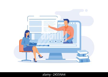 Online workshop Digital workshop, online topic course, distance web learning, group video call, webcam laptop screen, educational webinar flat design Stock Vector