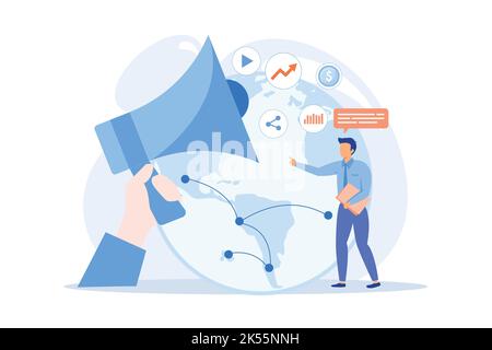 Macromarketing Social influence, global marketing strategy, consumer behavior, market regulation system reseach, social responsibility flat design mod Stock Vector