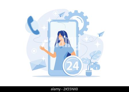 Online assistant, support team, contact us, website element, menu bar, chatbot, get in touch, client problem solving, hotline call flat design modern Stock Vector