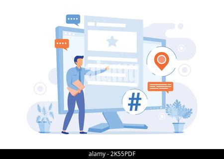 Microblogging platform user. Social media communication, bloggers tool, sharing short messages. Microblogger post sharing, commenting, discussion. Stock Vector
