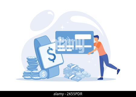 Contactless payment. Credit card reader. Enable NFC. Smart shopping, financial transaction, transfer money. E-commerce with smart watch. Online termin Stock Vector