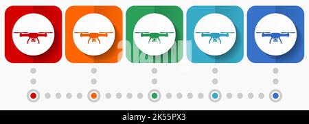 Drone, copter, aerial camera vector icons, infographic template, set of flat design symbols in 5 color options Stock Vector