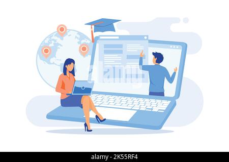Global online education E-learning tools, internet training webinar, digital course, remote education, individual learning plan, access flat design mo Stock Vector